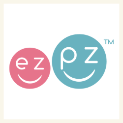 Logo of ezpz with pink and blue circles on a light background