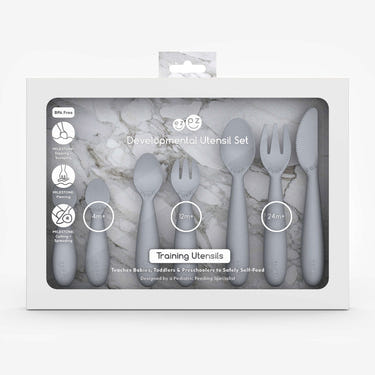 Developmental utensil set for babies, designed for easy grip and self-feeding, perfect for mealtime learning.