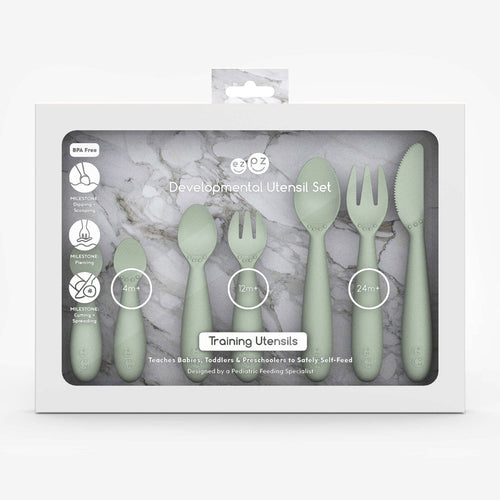 "Developmental utensil set for babies, designed for easy grip and self-feeding, shown at angle 5."