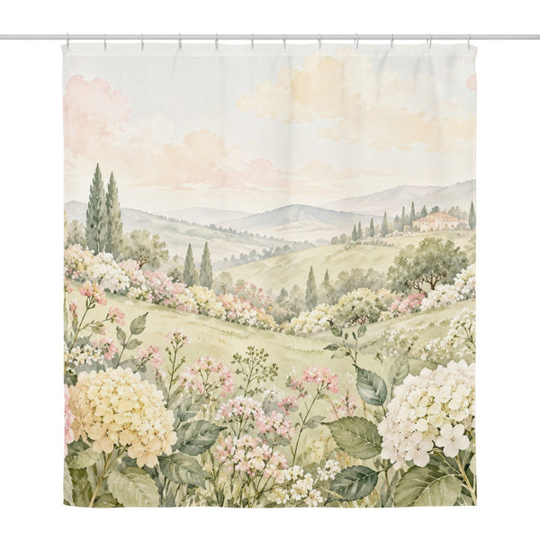 Hydrangea Garden shower curtain, full front view of the 71 x 74 in fabric curtain