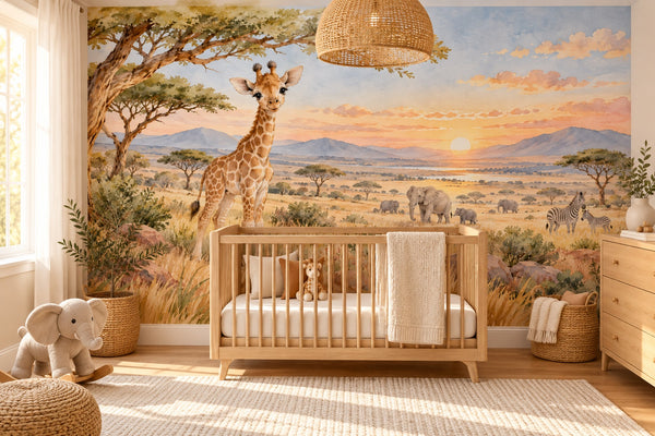 Watercolor Baby Giraffe Safari Wall Mural, image 1