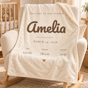 Birth Announcement sherpa baby blanket, personalized, styled photo 1
