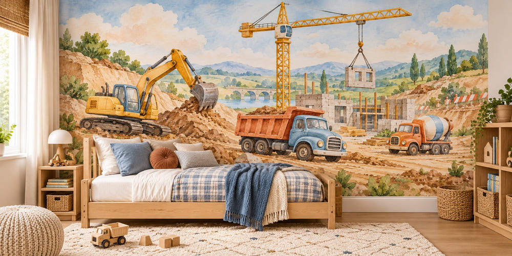 Watercolor Construction Site Wall Mural, image 1
