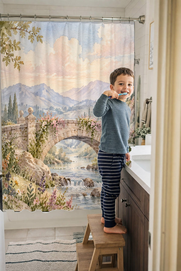 Child brushing teeth in a family bathroom with the Castle Bridge Fairy Tale shower curtain