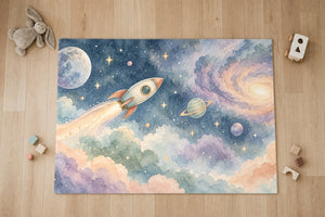 Top view of the Rocket Journey kids area rug on a wood floor
