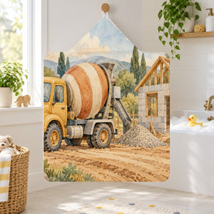 Cement Mixer kids hooded bath towel hanging in a kids bathroom