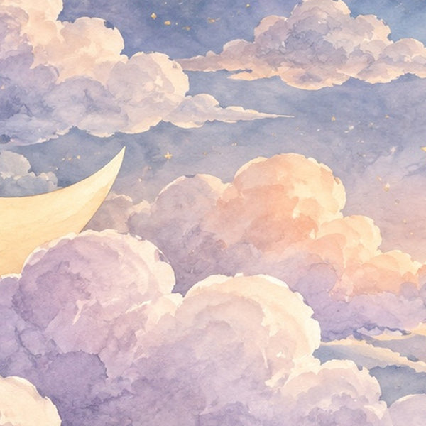 Twilight Moon Hot Air Balloon shower curtain, close up of the watercolor artwork