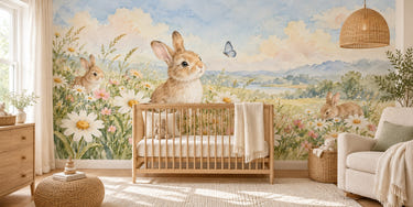 Watercolor Daisy Meadow Bunny Wall Mural, image 1