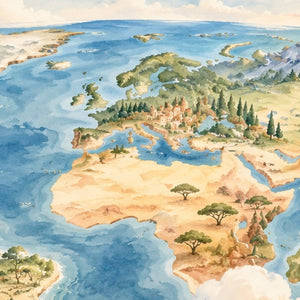 World Explorer shower curtain, close up of the watercolor artwork