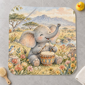 Elephant Drum kids hooded bath towel laid flat
