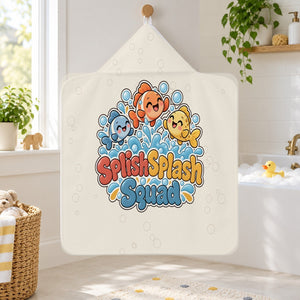 Splish Splash Squad kids hooded bath towel hanging in a kids bathroom
