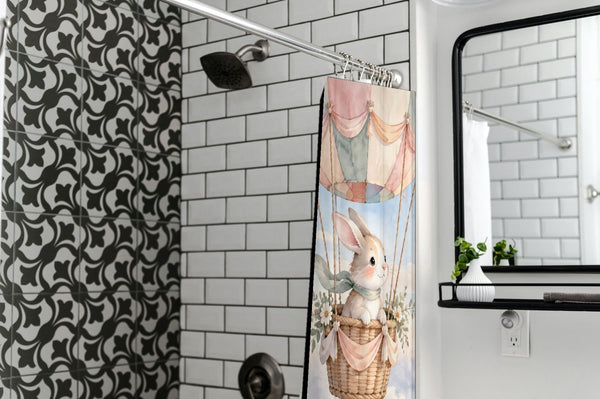 Bunny Hot Air Balloon shower curtain in a modern farmhouse bathroom with subway tile