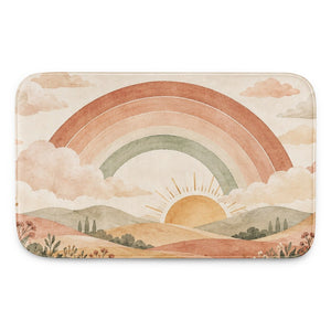 Rainbow Sunrise Hills kids bath mat, full view of the printed design