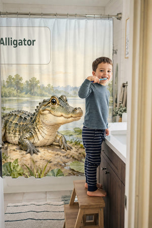 Child brushing teeth in a family bathroom with the A is for Alligator Alphabet shower curtain