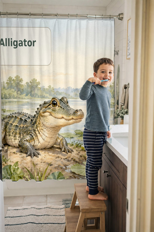 Child brushing teeth in a family bathroom with the A is for Alligator Alphabet shower curtain