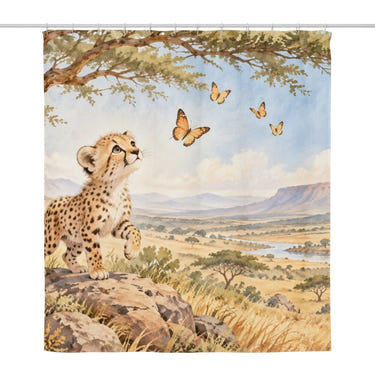 Cheetah Cub Safari shower curtain, full front view of the 71 x 74 in fabric curtain