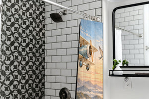 Birds and Biplane shower curtain in a modern farmhouse bathroom with subway tile