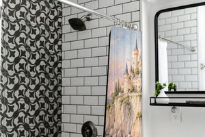 Seaside Castle Fairy Tale shower curtain in a modern farmhouse bathroom with subway tile