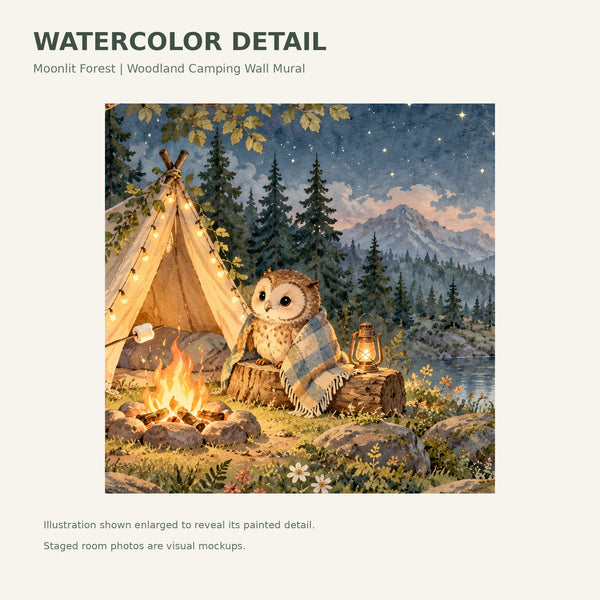 Watercolor Moonlit Forest Camp Camping Wall Mural, image 4