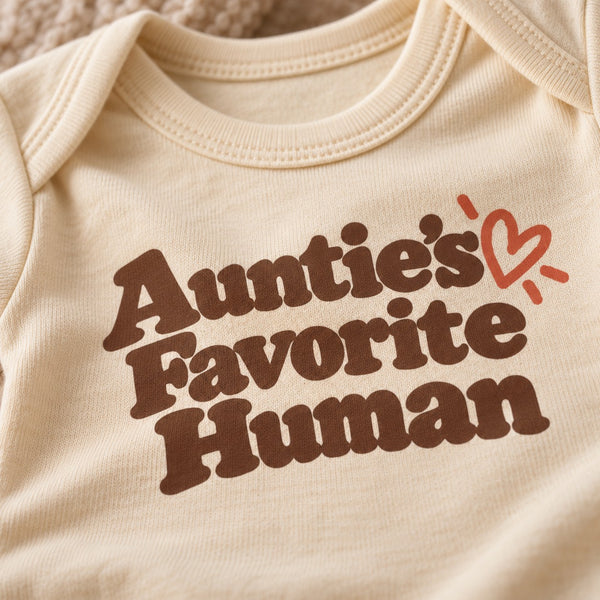 Close-up of the Auntie's Favorite Human baby bodysuit print