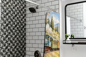 Flower Meadow Train shower curtain in a modern farmhouse bathroom with subway tile