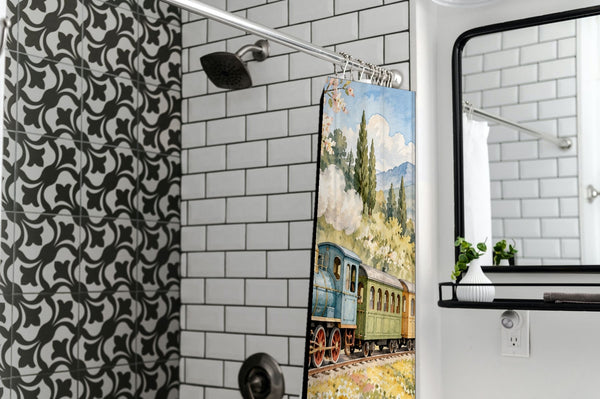 Flower Meadow Train shower curtain in a modern farmhouse bathroom with subway tile