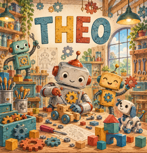 Robot Workshop watercolor artwork with the name Theo