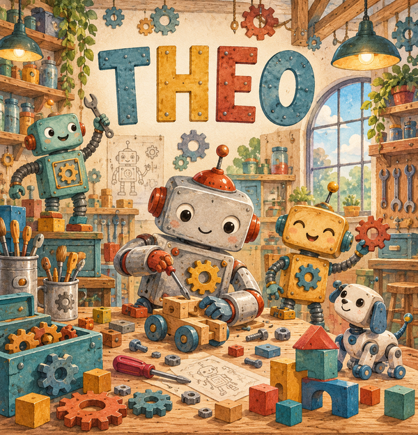 Robot Workshop watercolor artwork with the name Theo