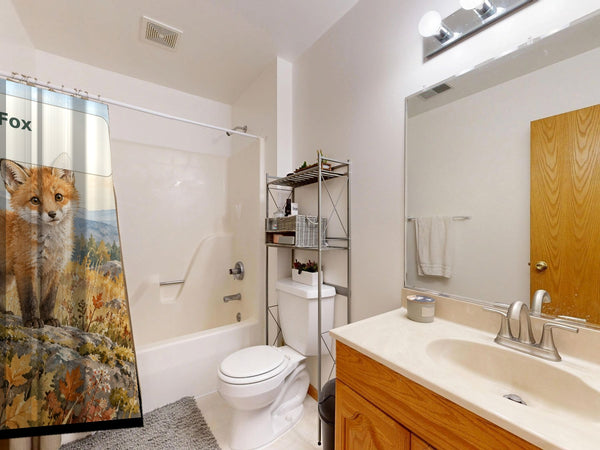 F is for Fox Alphabet shower curtain on a tub shower combo in an American family bathroom