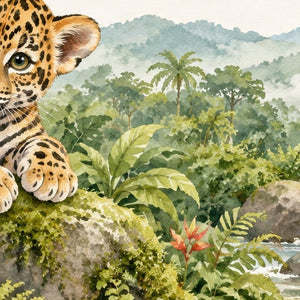 J is for Jaguar Alphabet shower curtain, close up of the watercolor artwork