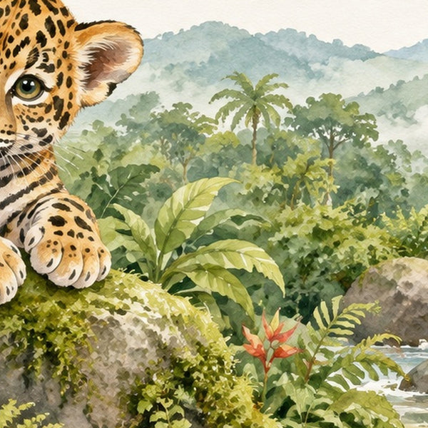 J is for Jaguar Alphabet shower curtain, close up of the watercolor artwork