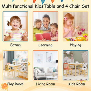 Kids Table and Chair Set, 5-Piece with Animal Designs