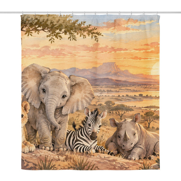 Sunset Savanna shower curtain, full front view of the 71 x 74 in fabric curtain