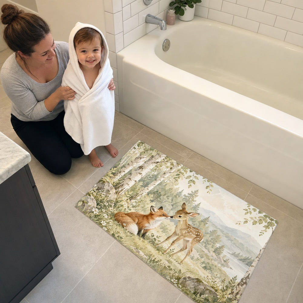 Fox and Fawn kids bath mat, full view of the printed design