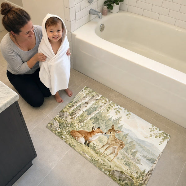 Mom and toddler in a hooded towel next to the Fox and Fawn bath mat