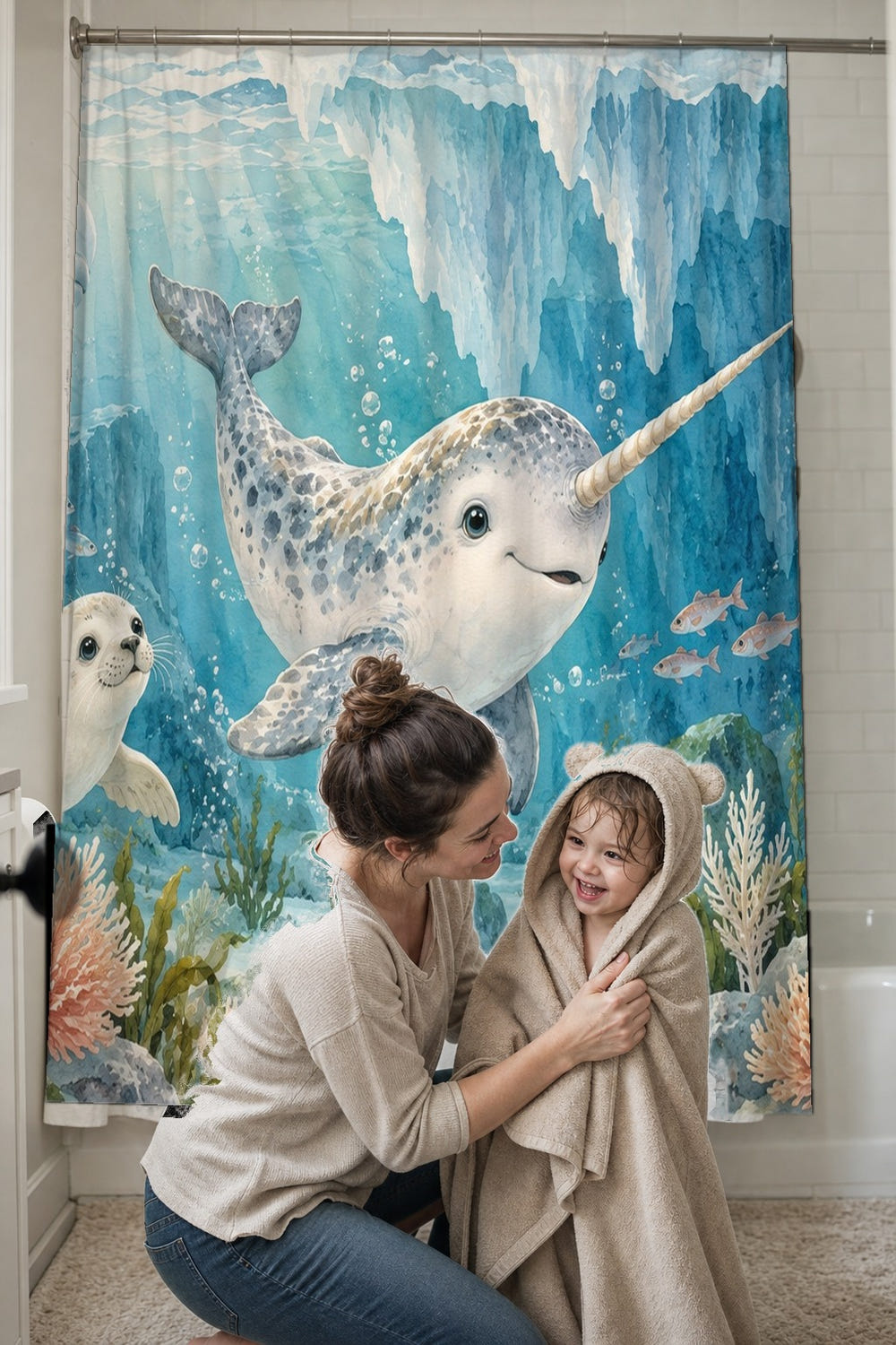 Baby Narwhal Ocean shower curtain, full front view of the 71 x 74 in fabric curtain