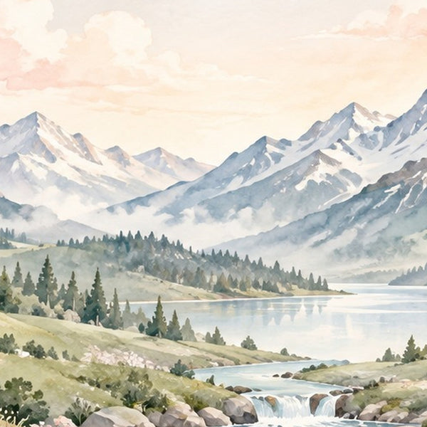 Mountain River Rainbow shower curtain, close up of the watercolor artwork