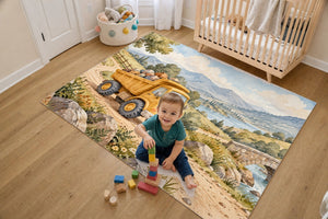Toddler stacking blocks on the Dump Truck Road kids rug in a bright bedroom