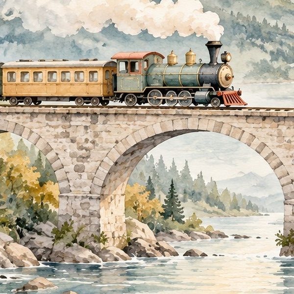 Mountain Bridge Train shower curtain, close up of the watercolor artwork
