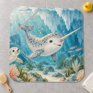 Baby Narwhal Ocean kids hooded bath towel laid flat