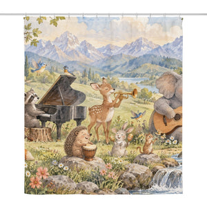 Animal Music Festival shower curtain, full front view of the 71 x 74 in fabric curtain