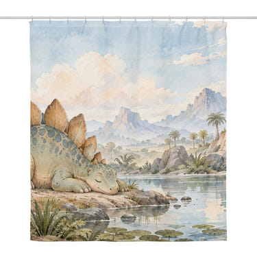Sleepy Stegosaurus Dinosaur shower curtain, full front view of the 71 x 74 in fabric curtain