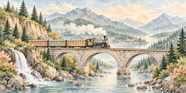 Watercolor Mountain Bridge Train Wall Mural, image 3