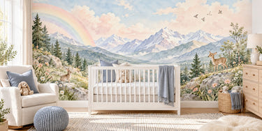 Watercolor Deer Meadow Rainbow Wall Mural, image 1