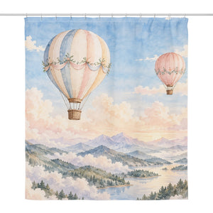 Mountain Hot Air Balloons shower curtain, full front view of the 71 x 74 in fabric curtain