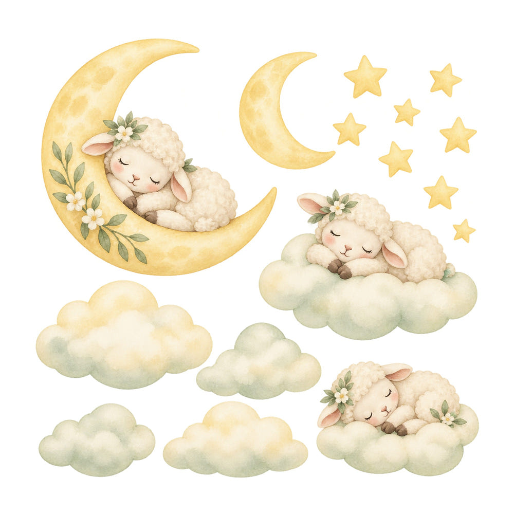 Sleeping Lamb Moon and Clouds Wall Decals, Set of 16, image 1