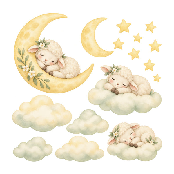 Sleeping Lamb Moon and Clouds Wall Decals, Set of 16, image 2