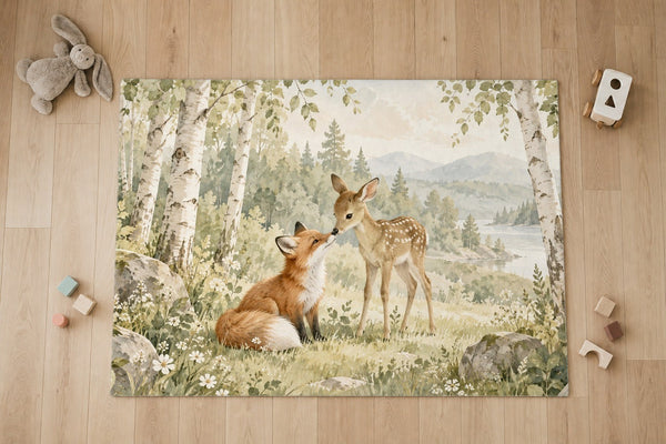 Top view of the Fox and Fawn kids area rug on a wood floor