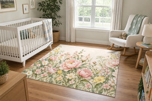 Peony Garden area rug in a calm nursery with a white crib