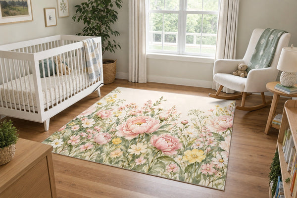 Peony Garden area rug in a calm nursery with a white crib